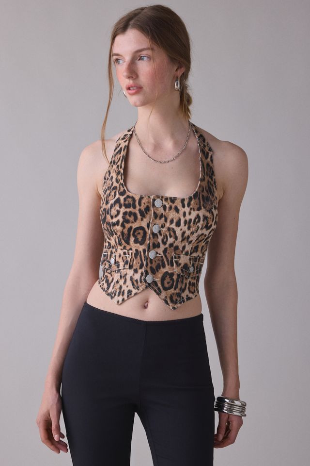 True Religion Leopard Print Denim Halter Corset Top #3