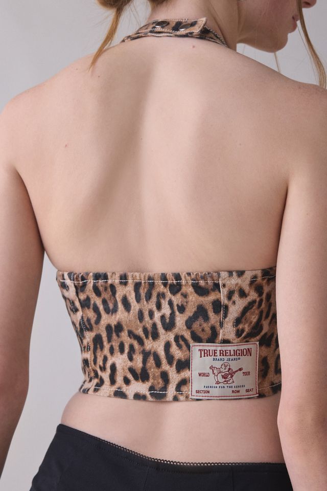 True Religion Leopard Print Denim Halter Corset Top #4