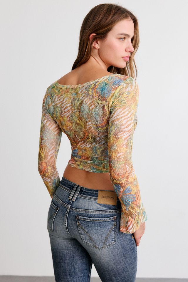 True Religion Butterfly Sheer Lace Long Sleeve Boatneck Top #3