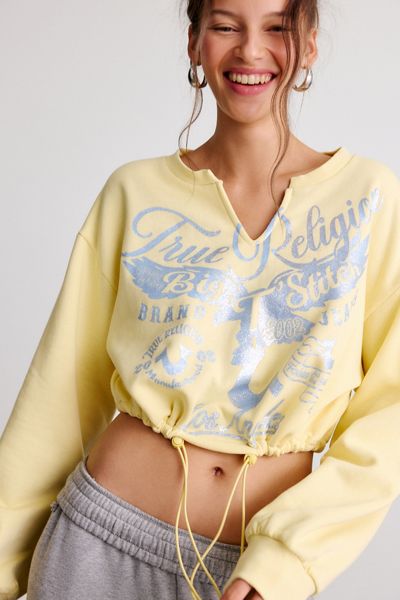 True Religion Glitter Graphic Notch V-Neck Pullover Top