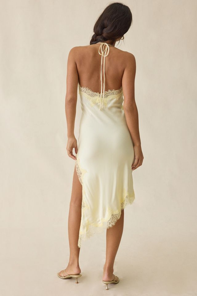 Bardot Silvio Halter Asymmetric Lace Trim Slip Midi Dress | Urban Outfitters