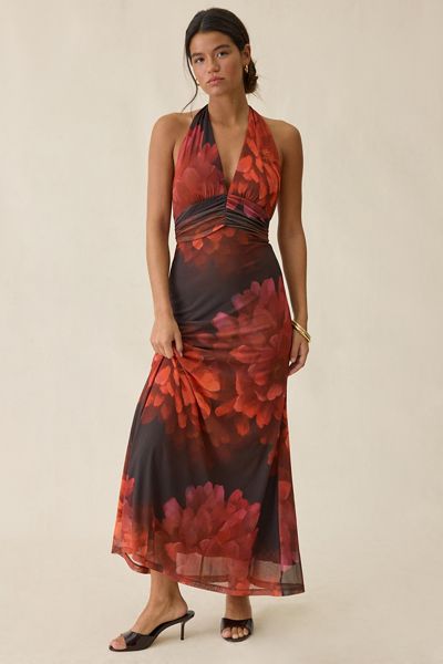 Bardot Elera Red Floral Mesh Plunging Halter Maxi Dress