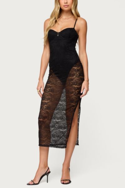 Edikted Sheer Lace Built In Bodysuit Midi Dress In Black, Women's At Urban Outfitters