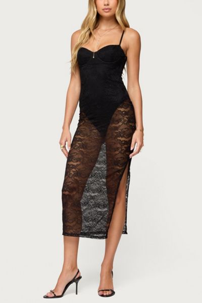 Edikted Sheer Lace Built In Bodysuit Midi Dress
