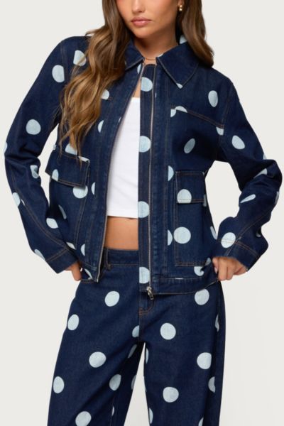 Edikted Leyah Polka Dot Oversize Denim Jacket In Blue