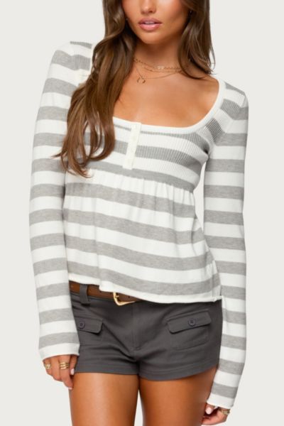 Edikted Lockie Stripe Knit Babydoll Top In Gray