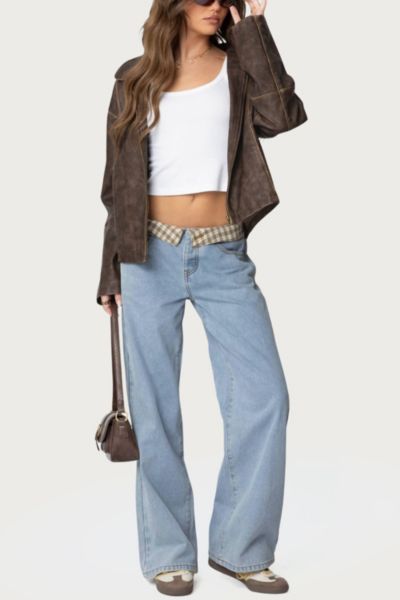 Edikted Peekaboo Plaid Low Rise Jeans In Light/blue, Women's At Urban Outfitters In Blue