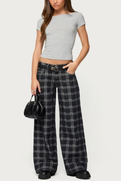 Edikted Kailani Plaid Low Rise Baggy Jeans