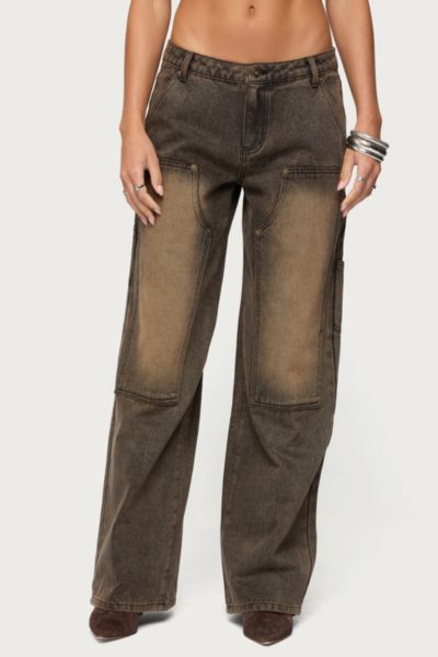 Edikted Ayla Low Rise Wide Leg Carpenter Jeans In Brown