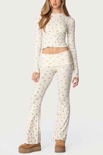 Edikted Bloom Baby Fold Over Flared Leggings