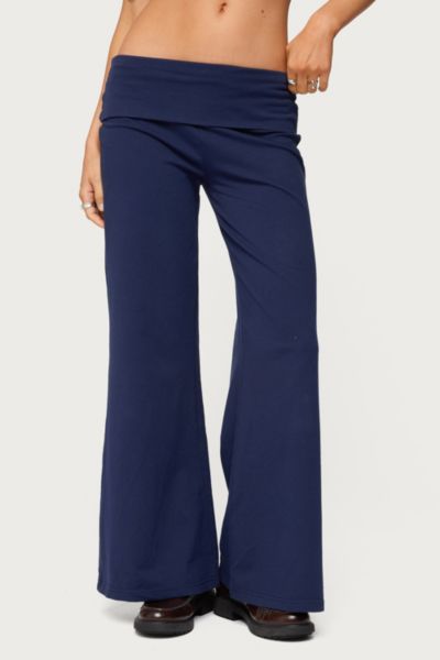 Edikted Petite Wide Leg Fold Over Pants In Navy, Women's At Urban Outfitters In Blue