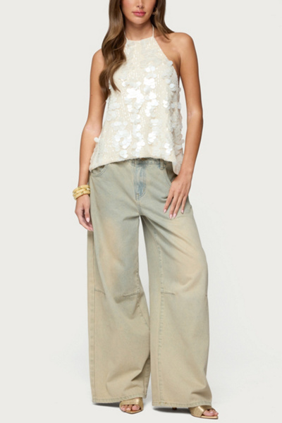 Edikted Ellorie Backless Sequin Halter Top In White