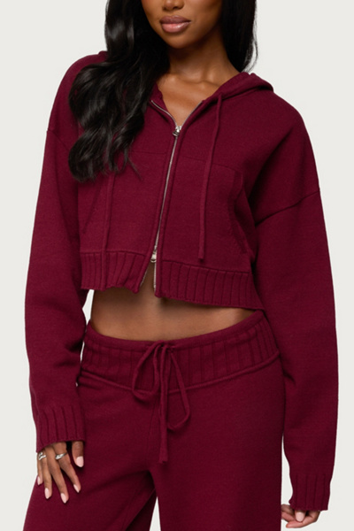 Edikted Russell Knit Hooded Cardigan In Burgundy, Women's At Urban Outfitters