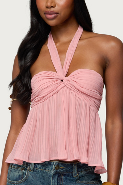 Edikted Pleated Chiffon Babydoll Halter Top In Pink