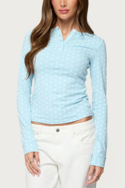 Edikted Keana Dot Crop Henley Top In Blue