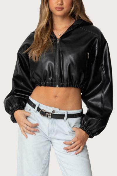 Edikted Hooded Faux Leather Cropped Jacket