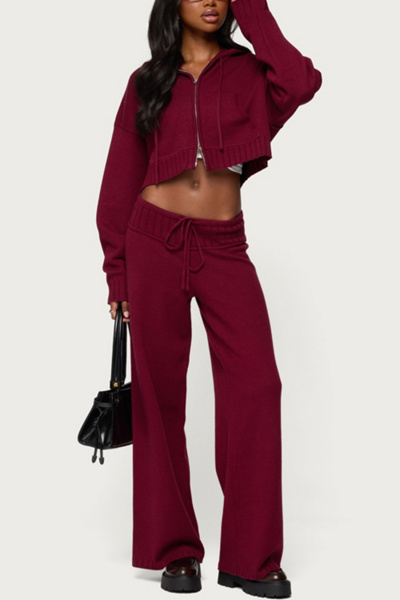 Edikted Russell Straight Leg Knit Pants In Burgundy, Women's At Urban Outfitters
