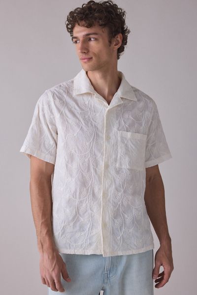 UO Tonal Embroidery Washed Short Sleeve Button-Down Shirt