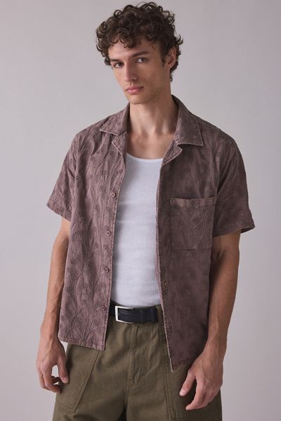 UO Tonal Embroidery Washed Short Sleeve Button-Down Shirt