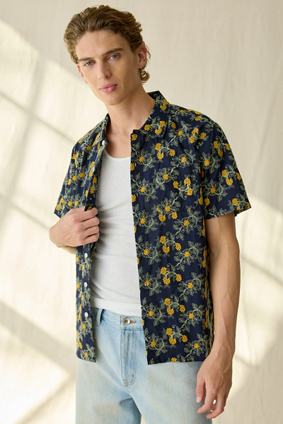 Urban Outfitters UO Floral Embroidered Short Sleeve Shirt Top in Navy, Men's at Urban Outfitters