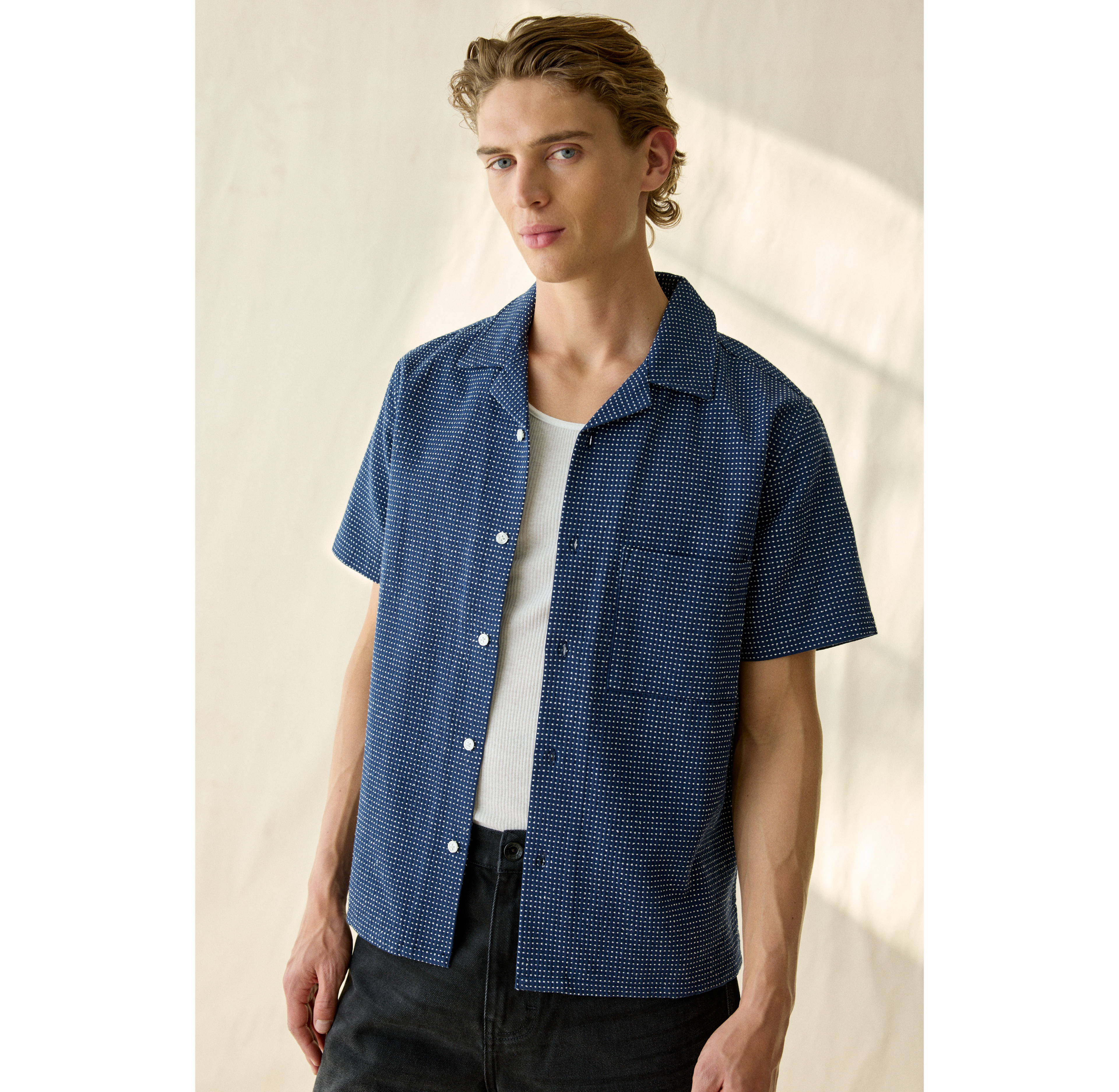 UO Swiss Dot Textured Button-Down Camp Collar Shirt