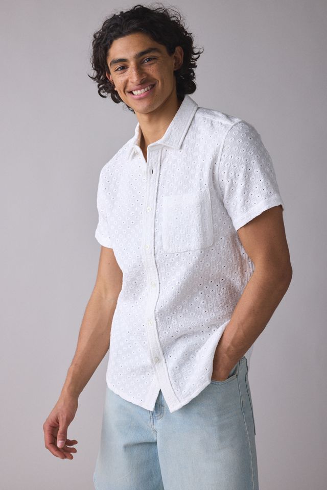 UO Textured Stitched Floral Embroidered Short Sleeve Shirt #1