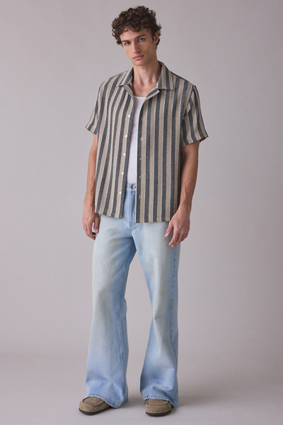 Urban Outfitters UO Textured Wide Stripe Camp Shirt Top in Black/Tan Stripe, Men's at Urban Outfitters
