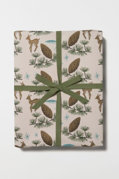Red Cap Deer and Pine Cones Holiday Wrapping Paper