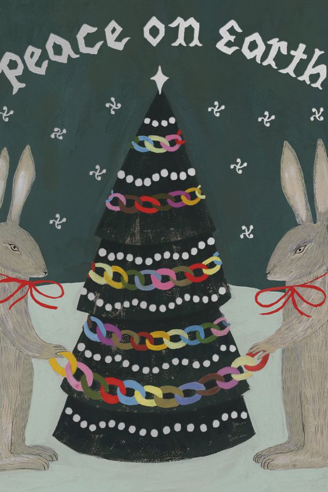Red Cap Peace Rabbits Holiday Card #1
