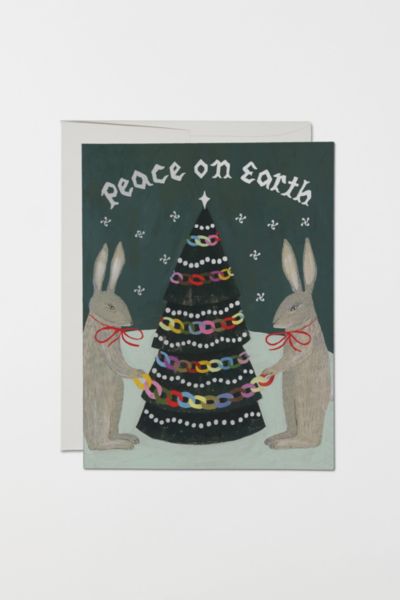 Red Cap Peace Rabbits Holiday Card