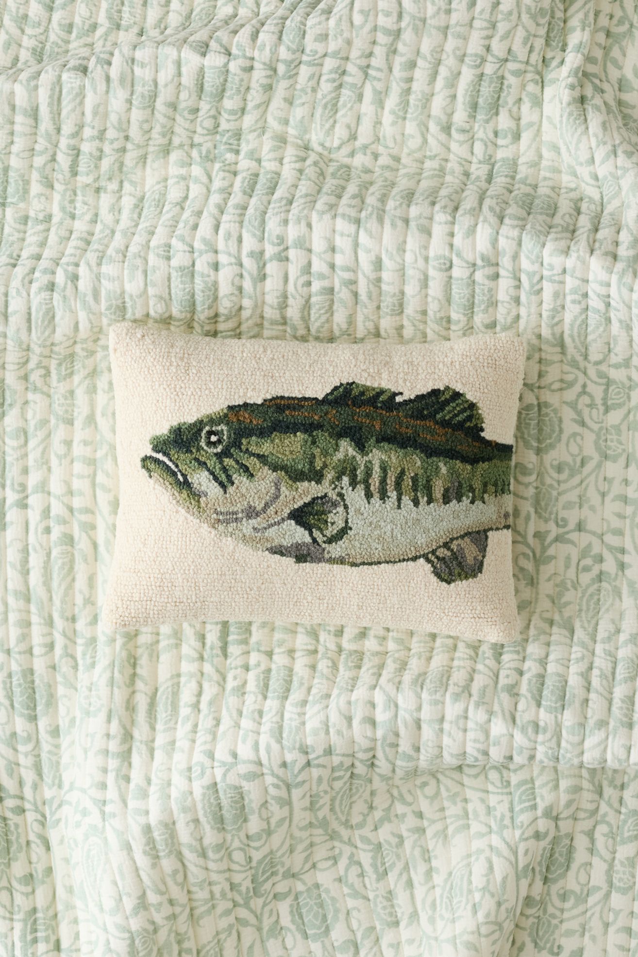 Bass Hooked Wool Throw Pillow - Green, Regular, ONE SIZE
