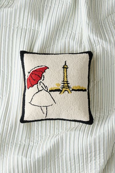Red Umbrella Hooked Wool Throw Pillow