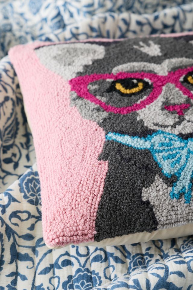 Fancy Cat Glasses Hooked Wool Throw Pillow #1