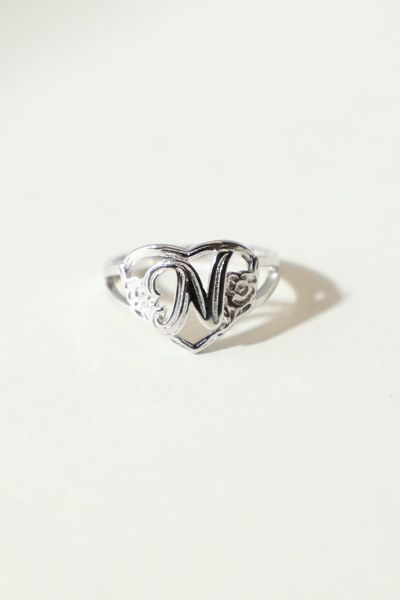 The M Jewelers Silver Cutout Flower Heart Letter Ring, Women's At Urban Outfitters In Silver