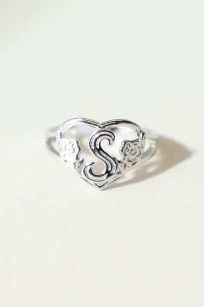 The M Jewelers Silver Cutout Flower Heart Letter Ring, Women's At Urban Outfitters In Metallic