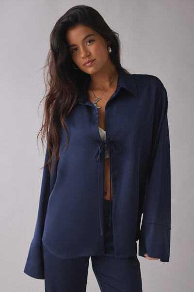 By.dyln By. Dyln Andi 2.0 Tie-front Satin Shirt Top In Blue, Women's At Urban Outfitters