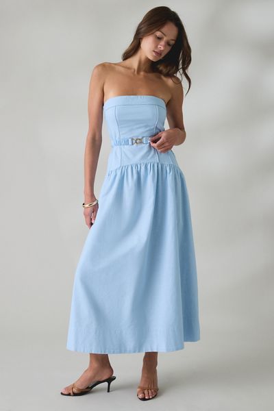 MINKPINK Ines Belted Drop Waist Strapless Midi Dress