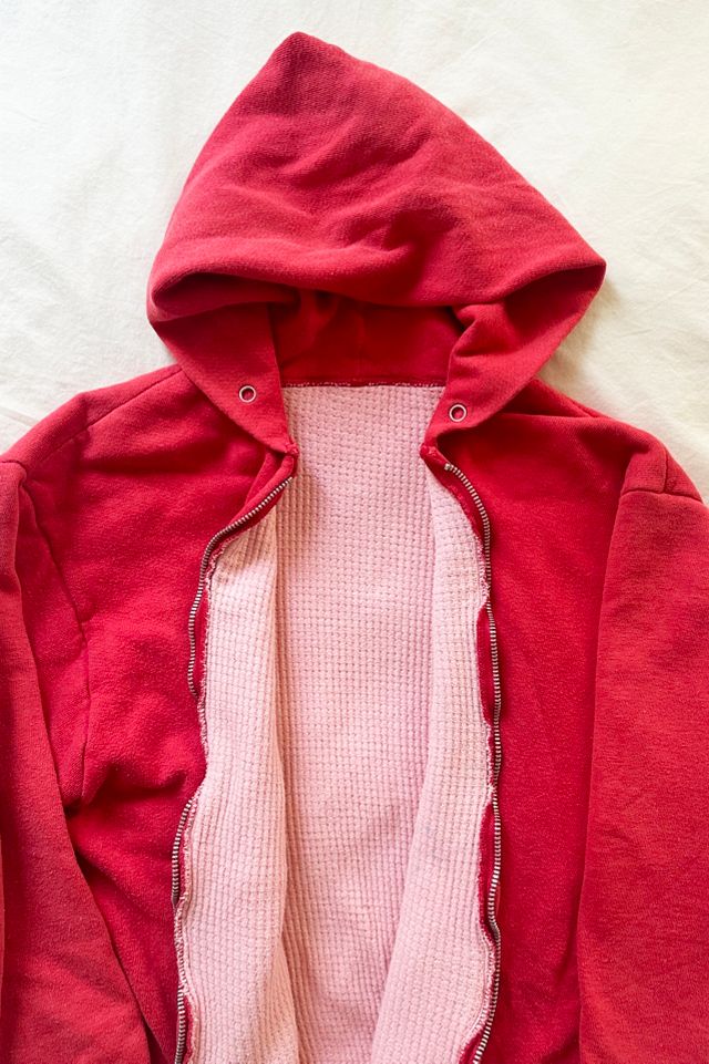 Vintage '70s Rare Hanes Waffle Thermal Lined Red Sunfaded Zip Hoodie Sweatshirt #1