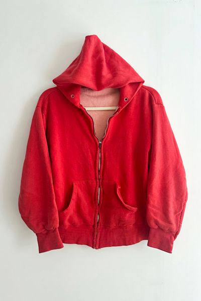 Vintage '70s Rare Hanes Waffle Thermal Lined Red Sunfaded Zip Hoodie Sweatshirt