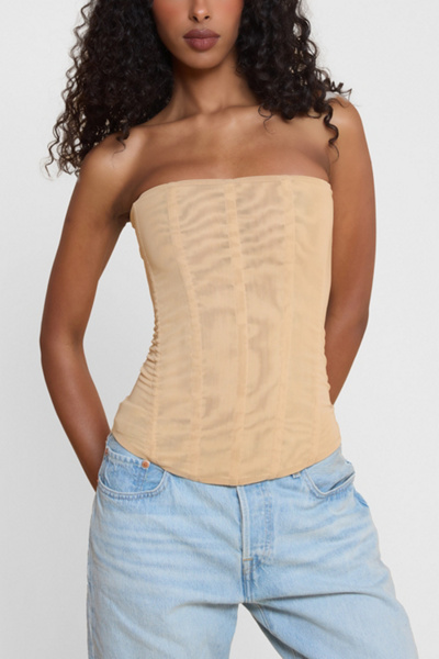 Leau Muse Mesh Corset Top In Beige, Women's At Urban Outfitters In Sand