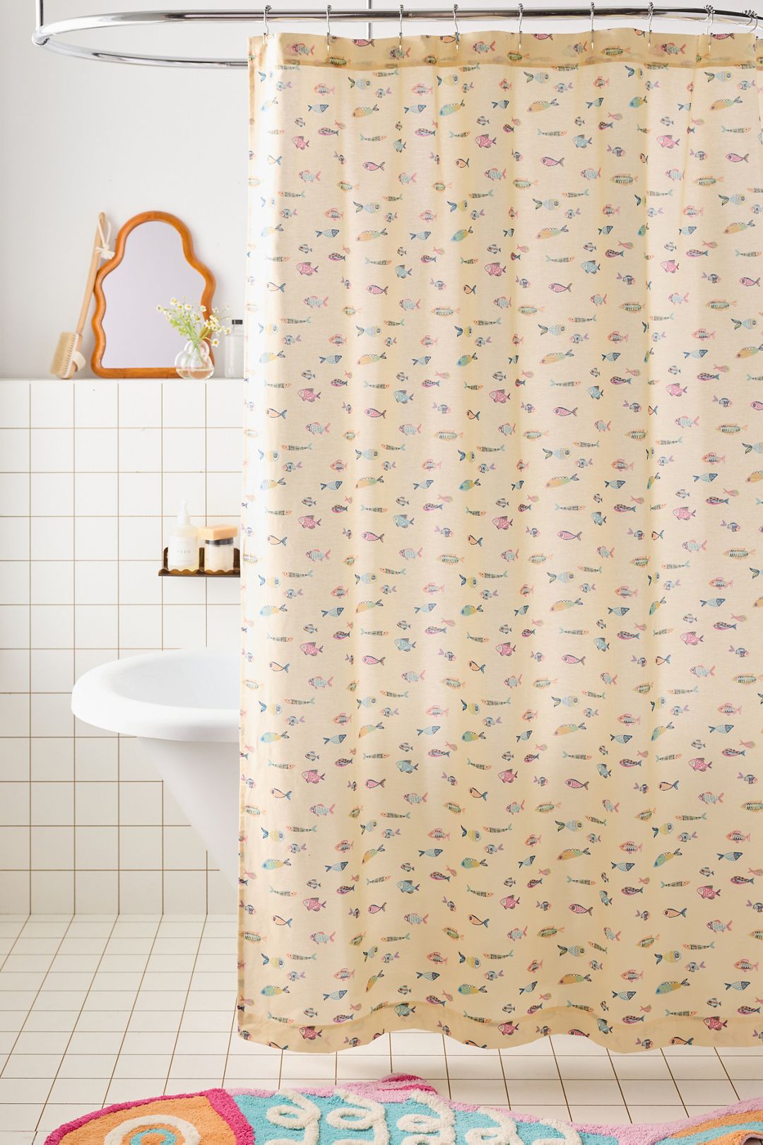 Little Fish Patterned Shower Curtain - Butter, 72X72