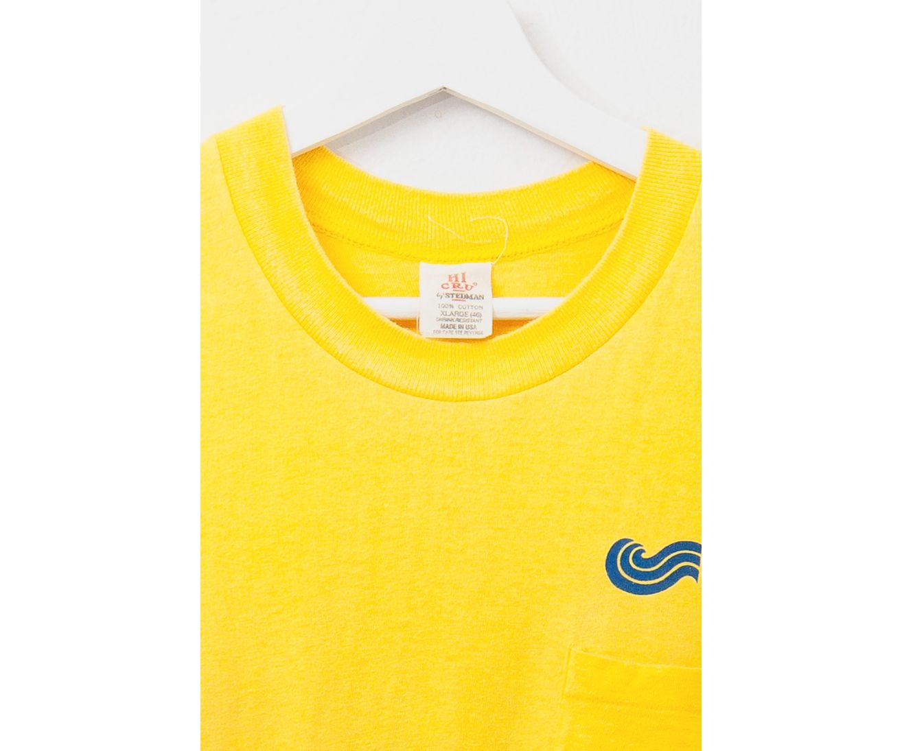 Vintage 1980s Distressed Diamond River Yellow Graphic Pocket T-Shirt Made in USA