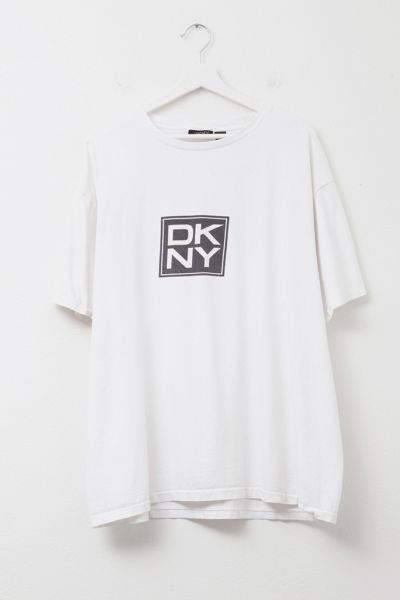 Vintage 1990s Distressed DKNY White Graphic Box Logo T-Shirt Made in USA