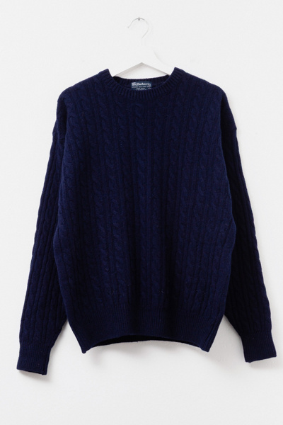 Vintage 1980s Burberry Navy Blue Cable Knit Wool Sweater