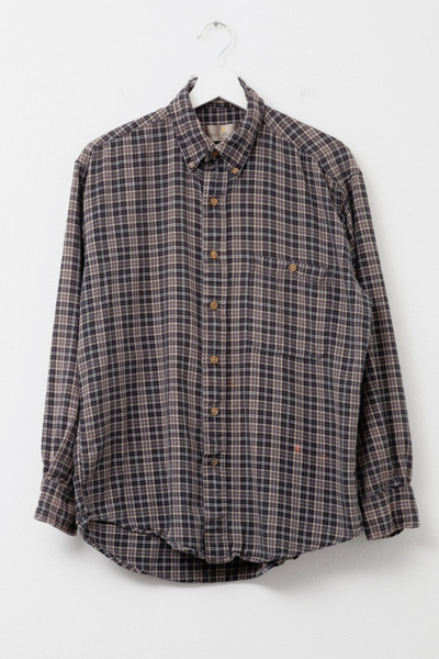 Vintage 1990s Distressed Brown Plaid Cotton Button Up Shirt