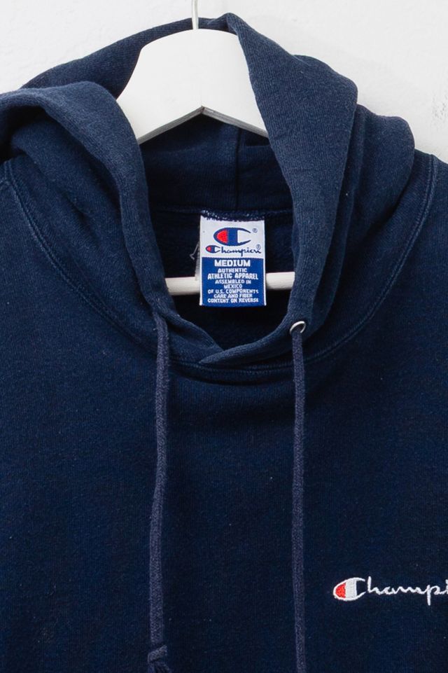 Vintage 1990s Champion Embroidered Script Logo Pullover Navy Blue Hoodie Sweatshirt #1