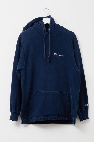 Vintage 1990s Champion Embroidered Script Logo Pullover Navy Blue Hoodie Sweatshirt
