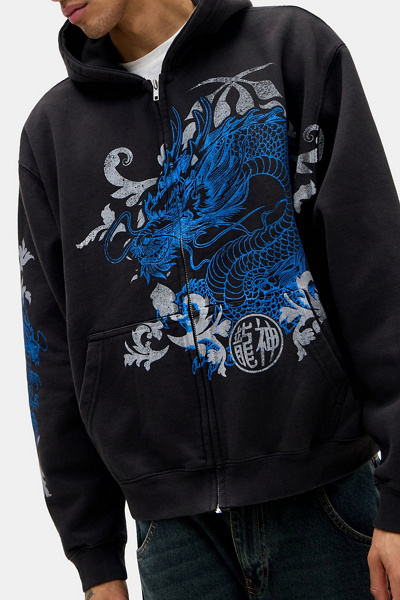 BOTT 狼 graphic zip hoodie Dragon Graphic Washed Zip-Up Hoodie Sweatshirt | Urban Outfitters