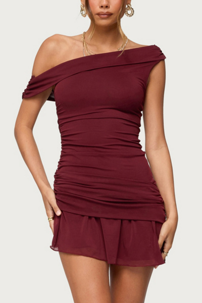 Edikted Gesibelle Off Shoulder Mesh Mini Dress In Burgundy, Women's At Urban Outfitters In Red
