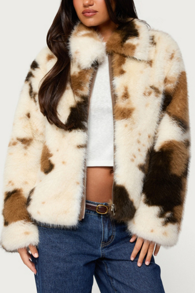 Edikted Rayan Cow Print Faux Fur Jacket